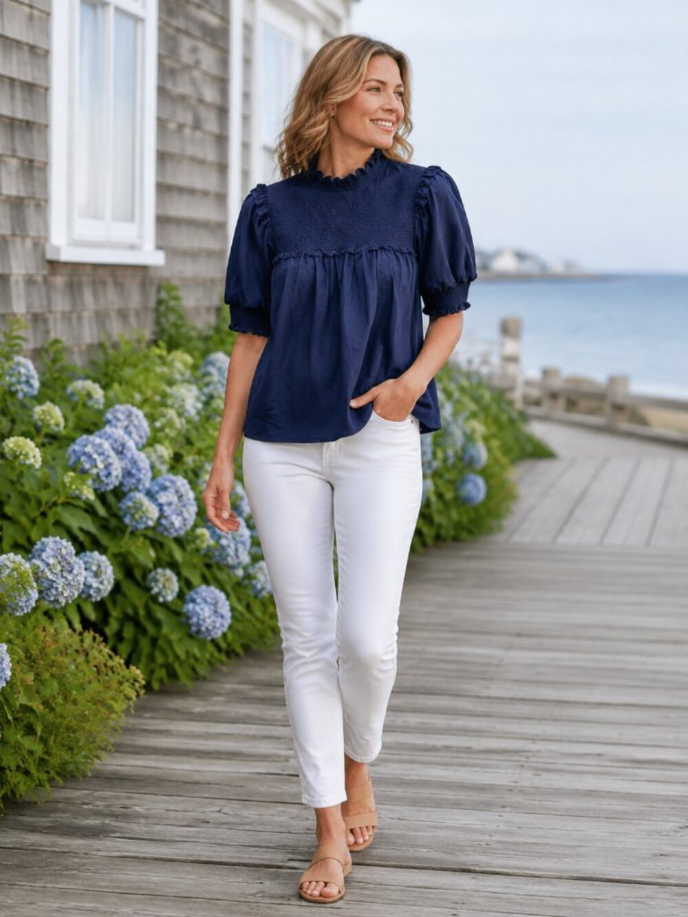 Cartolina Nantucket Shirt Womens Cassidy Top Neck Puff Sleeve S New NWoT Navy